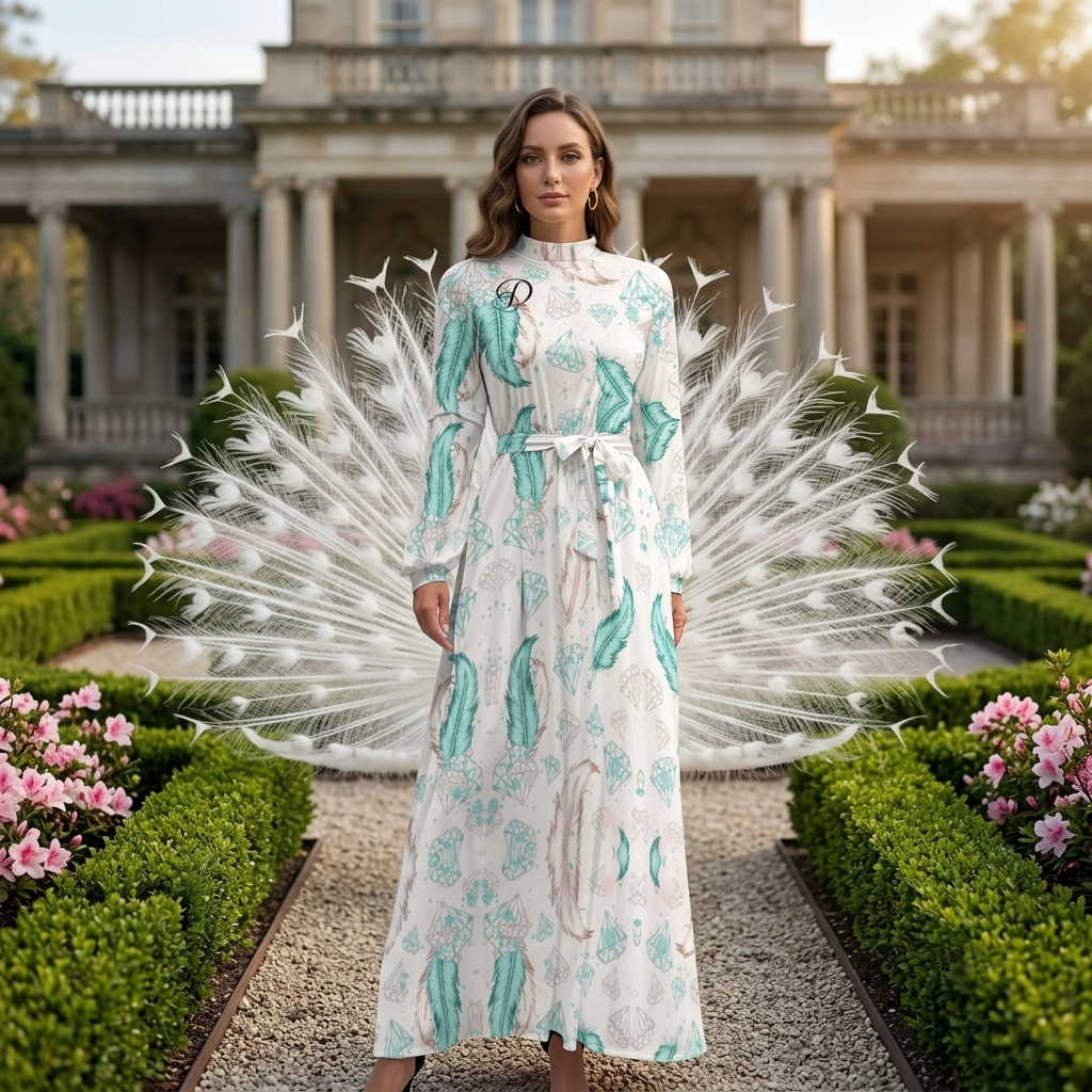 DAZMOND® Luxury "Golden Feathers" High-Neck Maxi Dress