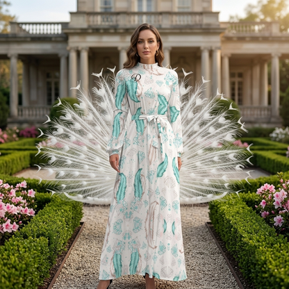 DAZMOND® Luxury "Golden Feathers" High-Neck Maxi Dress