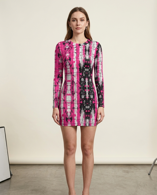 DAZMOND® Luxury "Second Skin" Magenta & Dark Floral Long Sleeve Dress