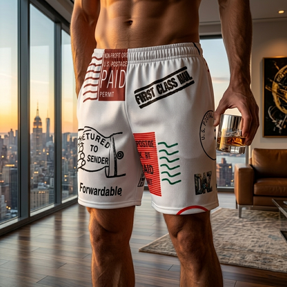 DAZMOND® "Postage Art" Modern Mesh Shorts