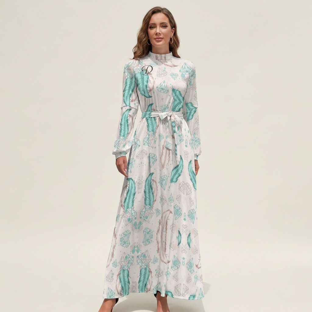 DAZMOND® Luxury "Golden Feathers" High-Neck Maxi Dress