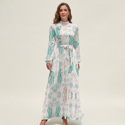 DAZMOND® Luxury "Golden Feathers" High-Neck Maxi Dress