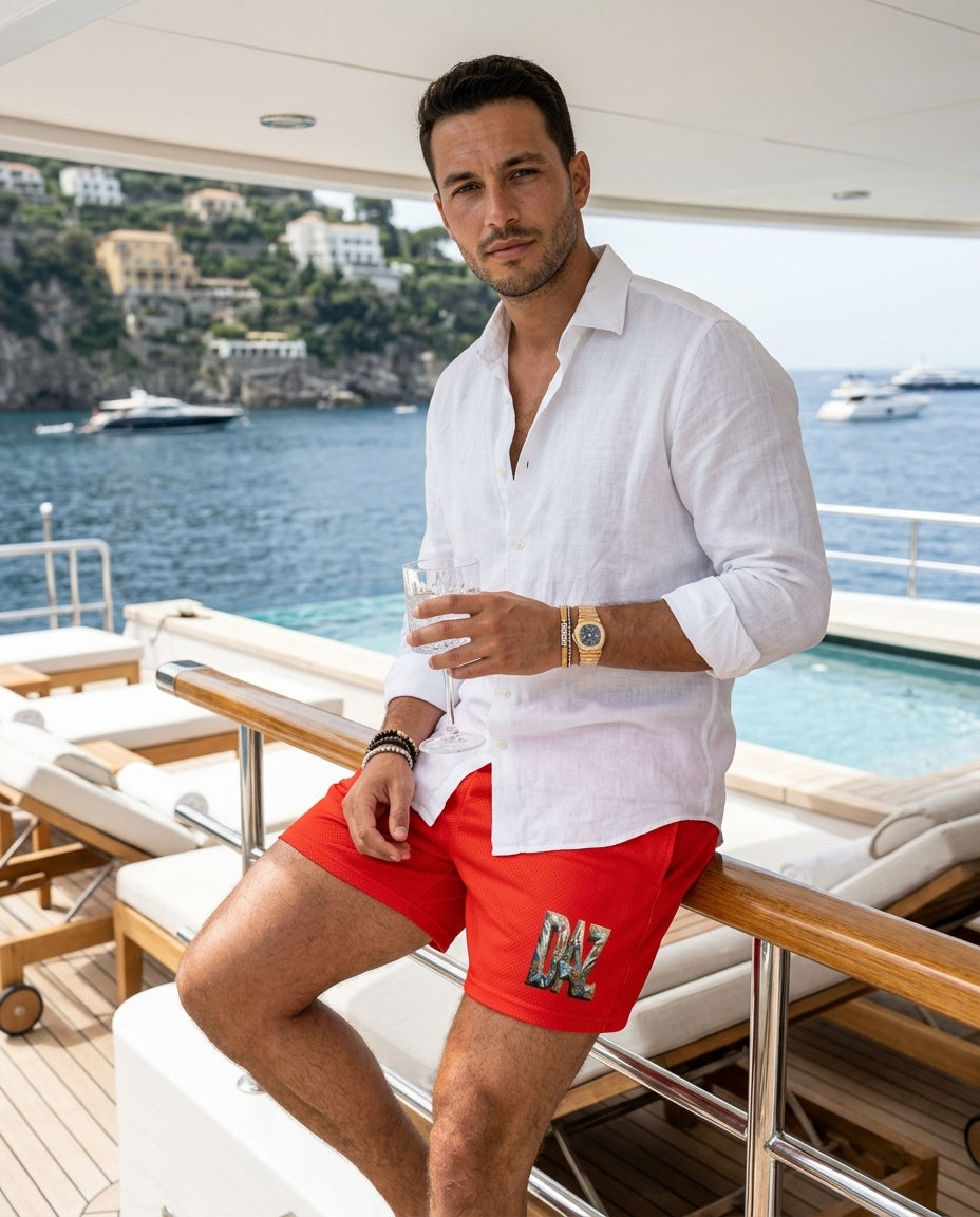 DAZMOND® Luxury "Crimson Scarlet & Jewel Emblem" Premium Men's Swim Trunks