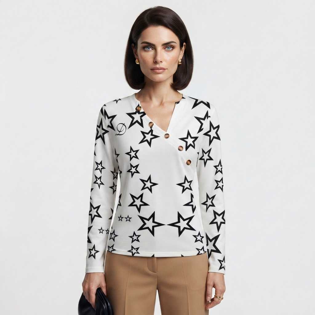 DAZMOND® Luxury "Celestial Asymmetry" Monogram Blouse