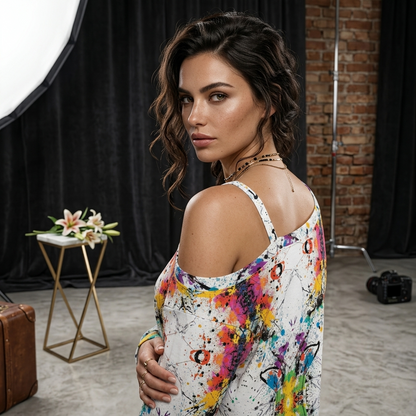 DAZMOND® Luxury "Chromatic Splash" Cold Shoulder Sweatshirt