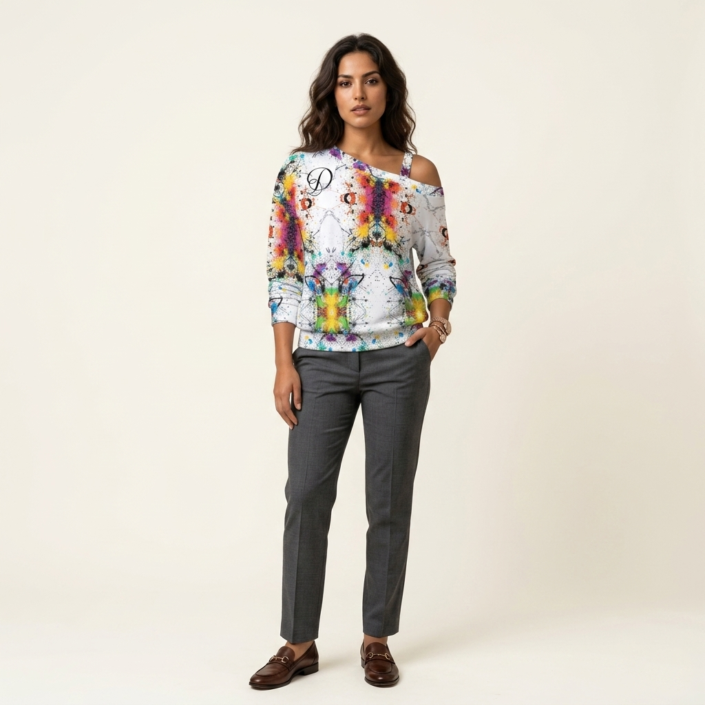 DAZMOND® Luxury "Chromatic Splash" Cold Shoulder Sweatshirt