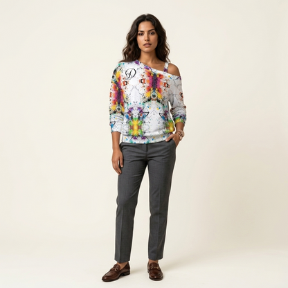DAZMOND® Luxury "Chromatic Splash" Cold Shoulder Sweatshirt