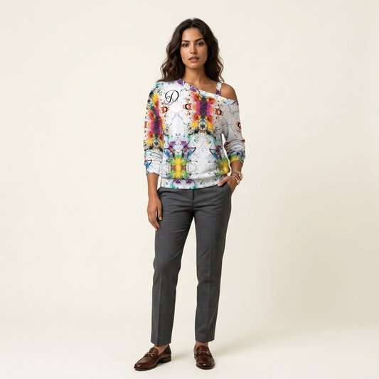 DAZMOND® Luxury "Chromatic Splash" Cold Shoulder Sweatshirt