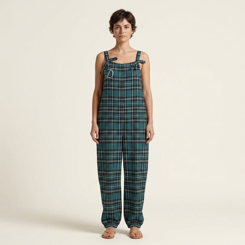 DAZMOND® "Teal Tartan" Women's Loose Bow-Strap Jumpsuit