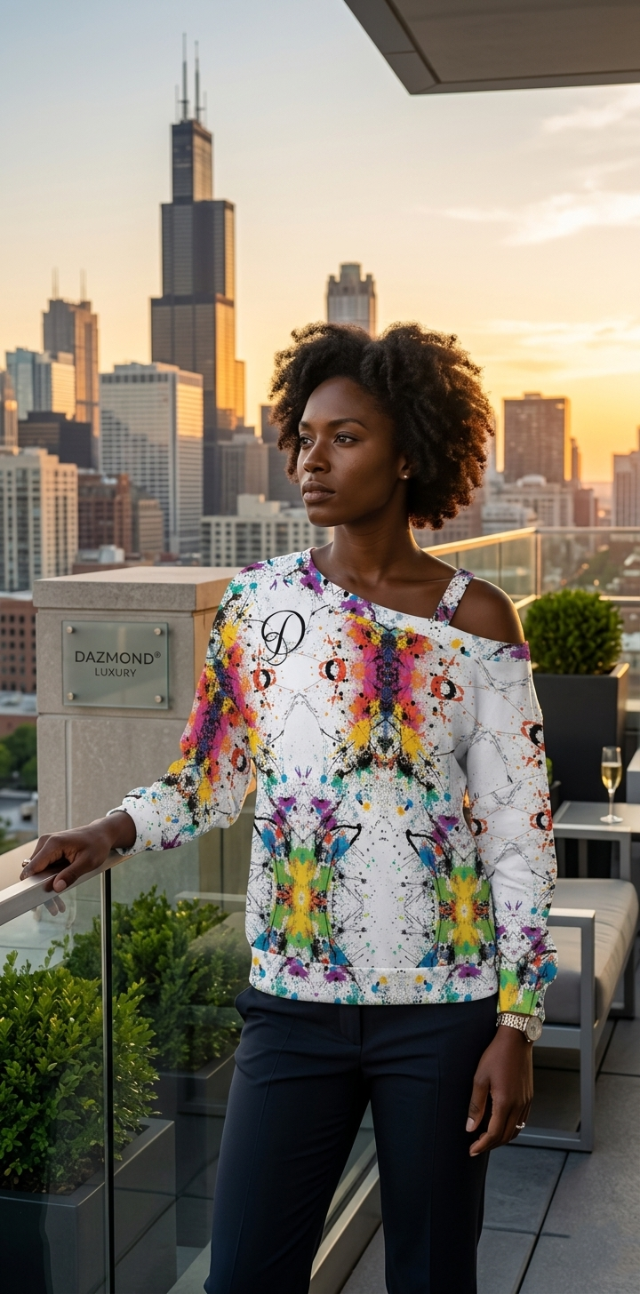 DAZMOND® Luxury "Chromatic Splash" Cold Shoulder Sweatshirt