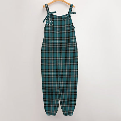 DAZMOND® "Teal Tartan" Women's Loose Bow-Strap Jumpsuit
